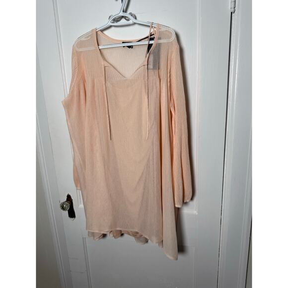 Future Collective Pleated Flowy Boho Sheer Stretch Peach Pink Mini Dress NEW XL - Picture 3 of 6